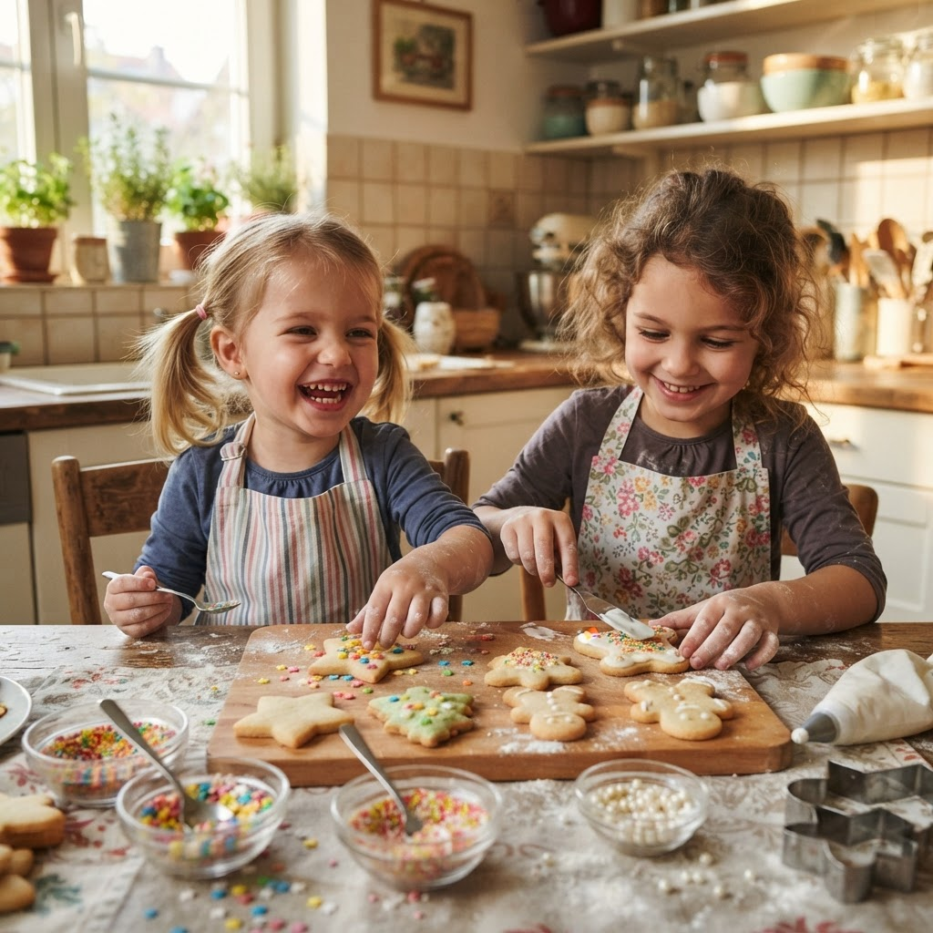 Crianças decorando biscoitos com confeitos coloridos